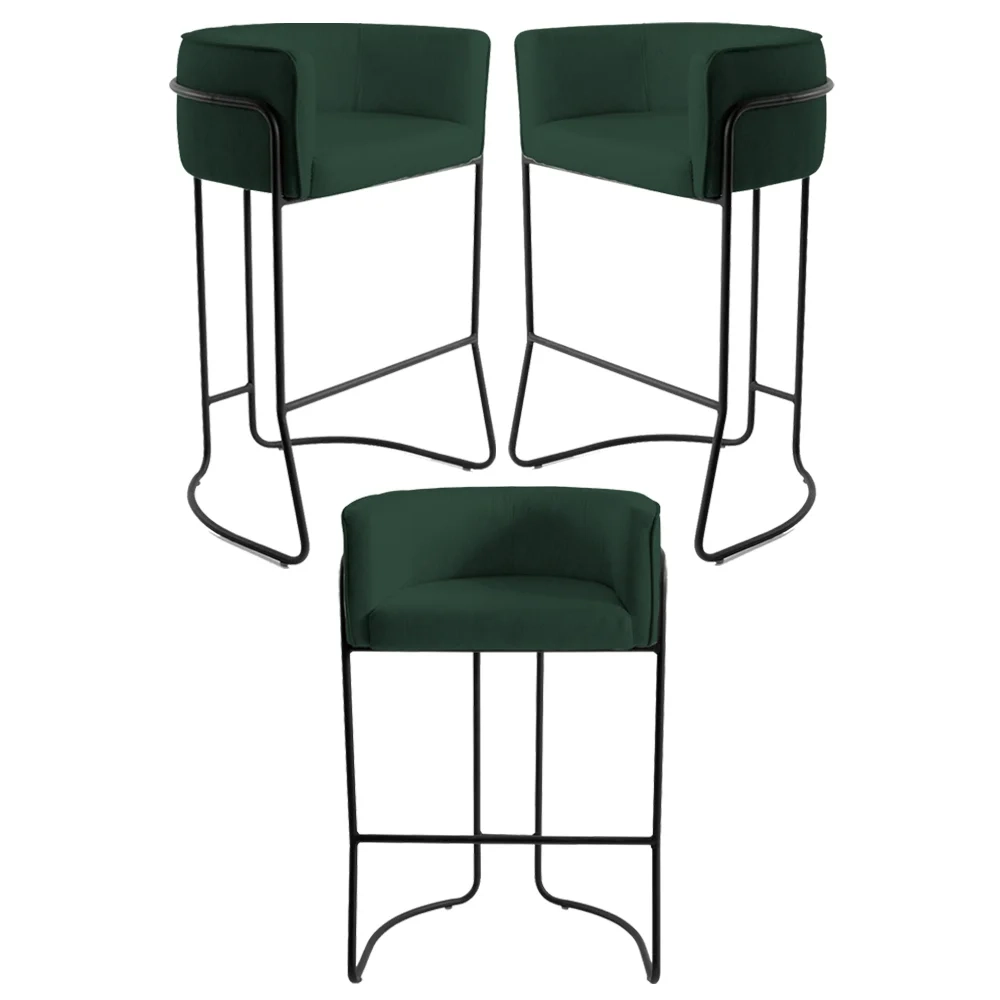 Kit 3 Banquetas Decorativas Base Aço Preto Betina Veludo C-303 Verde Musgo - Domi