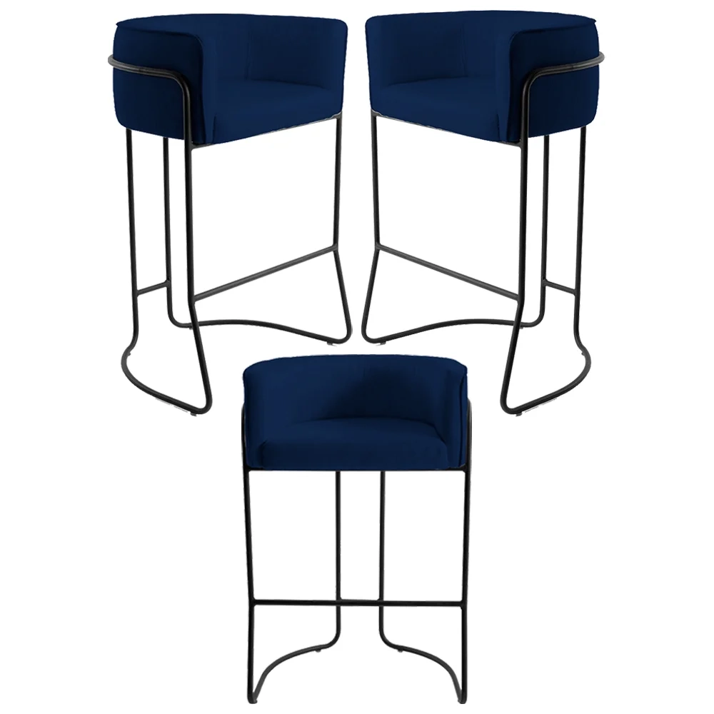 Kit 3 Banquetas Decorativas Base Aço Preto Betina Veludo C-304 Azul Marinho - Domi