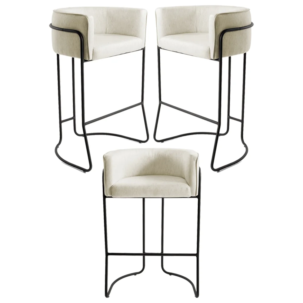 Kit 3 Banquetas Decorativas Base Aço Preto Betina C-107 Linho Bege - Domi