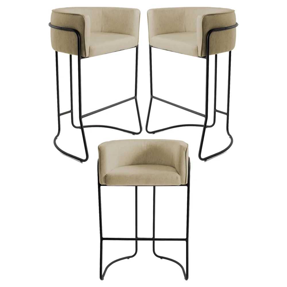 Kit 3 Banquetas Decorativas Base Aço Preto Betina C-129 Linho Creme - Domi