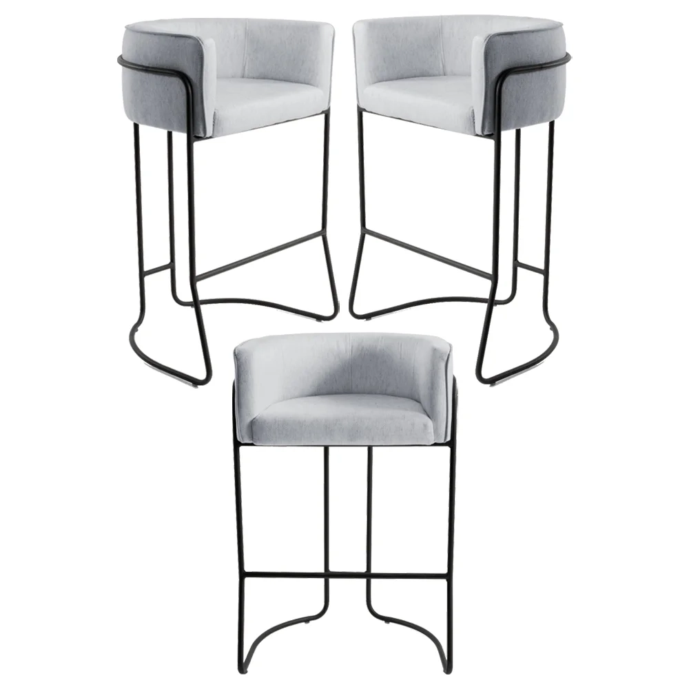 Kit 3 Banquetas Decorativas Base Aço Preto Betina Linho D-315 Cinza - Domi