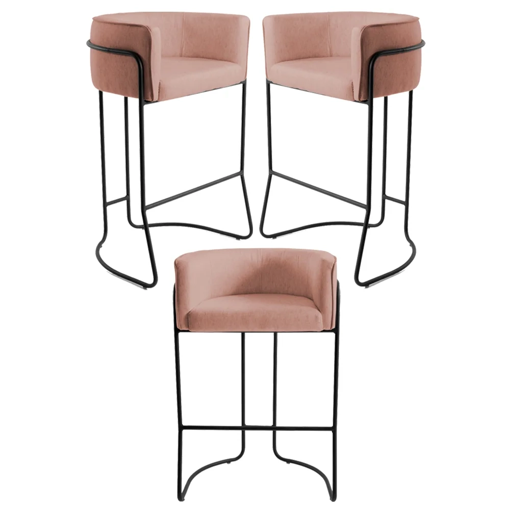 Kit 3 Banquetas Decorativas Base Aço Preto Betina C-105 Linho Rosê - Domi