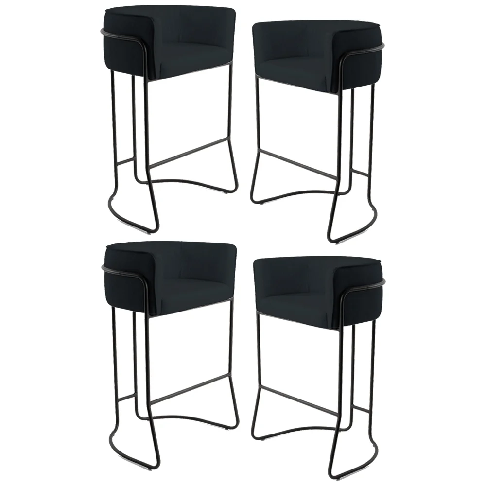 Kit 4 Banquetas Decorativas Base Aço Preto Betina C-05 Sintético Preto - Domi
