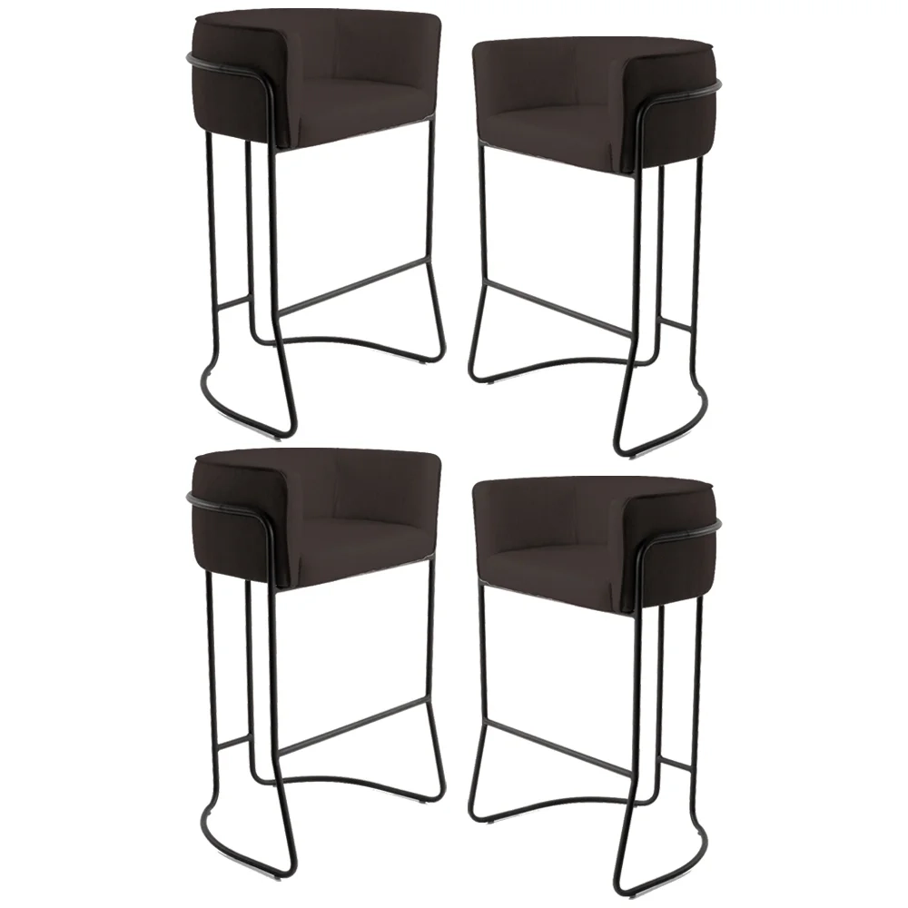 Kit 4 Banquetas Decorativas Base Aço Preto Betina C-34 Sintético Marrom Escuro - Domi