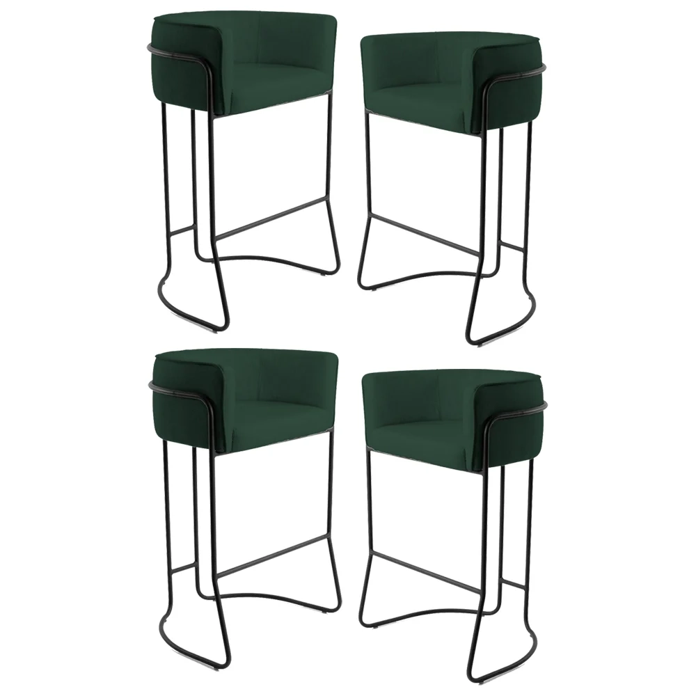 Kit 4 Banquetas Decorativas Base Aço Preto Betina C-117 Linho Verde Musgo - Domi