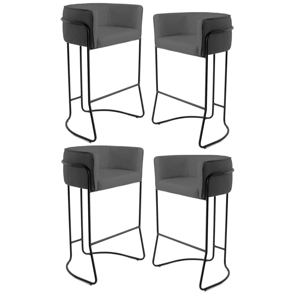 Kit 4 Banquetas Decorativas Base Aço Preto Betina C-03 Sintético Cinza Chumbo - Domi