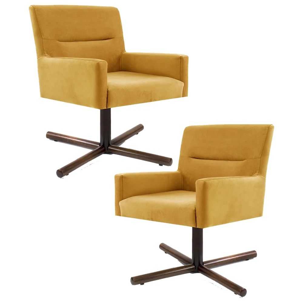 Kit 2 Poltronas Decorativas Giratórias Base Xis Madeira Angel Veludo C-279 Amarelo - Domi