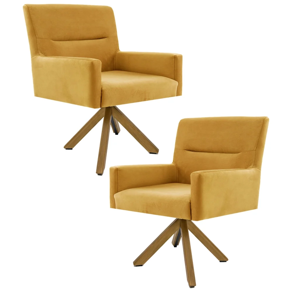 Kit 2 Poltronas Decorativas Giratórias Base Giromad Madeira Angel Veludo C-279 Amarelo - Domi