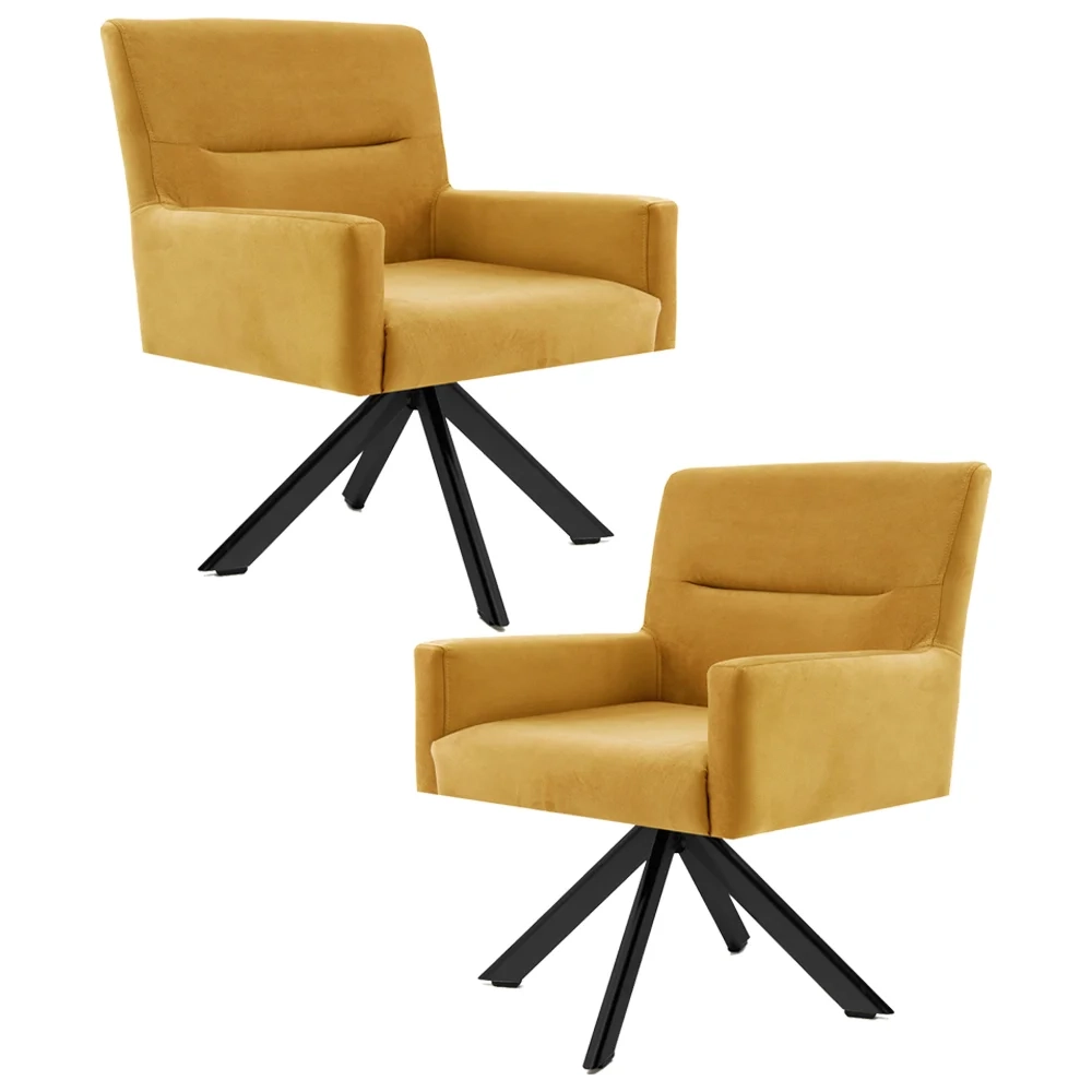Kit 2 Poltronas Decorativas Giratórias Base Eiffel Preto Angel Veludo C-279 Amarelo- Domi