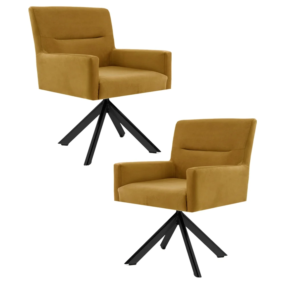 Kit 2 Poltronas Decorativas Giratórias Base Eiffel Preto Angel Veludo C-260 Mostarda - Domi