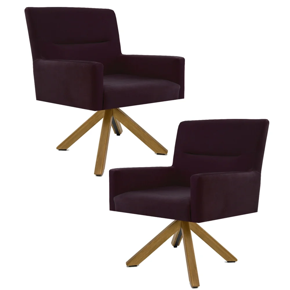 Kit 2 Poltronas Decorativas Giratórias Base Giromad Madeira Angel Veludo C-292 Uva - Domi