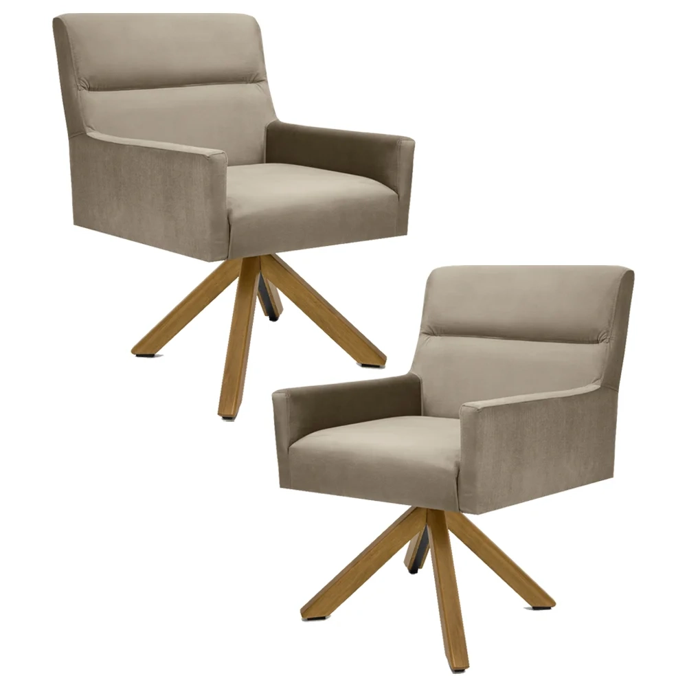 Kit 2 Poltronas Decorativas Giratórias Base Giromad Madeira Angel Veludo C-68 Marrom Claro - Domi