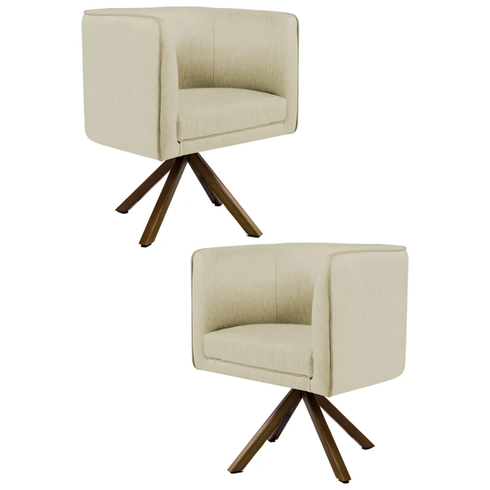 Kit 2 Poltronas Decorativas Base Giromad Madeira Betina C-129 Linho Bege - Domi