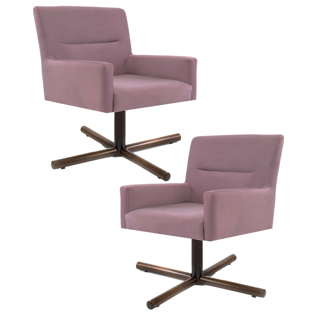 Kit 2 Poltronas Decorativas Giratórias Base Xis Madeira Angel Veludo C-305 Rosa - Domi