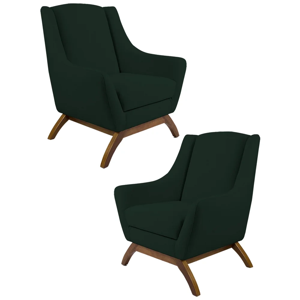 Kit 2 Poltronas Decorativas Base Manu Madeira Juliet C-117 Linho Verde Musgo - Domi