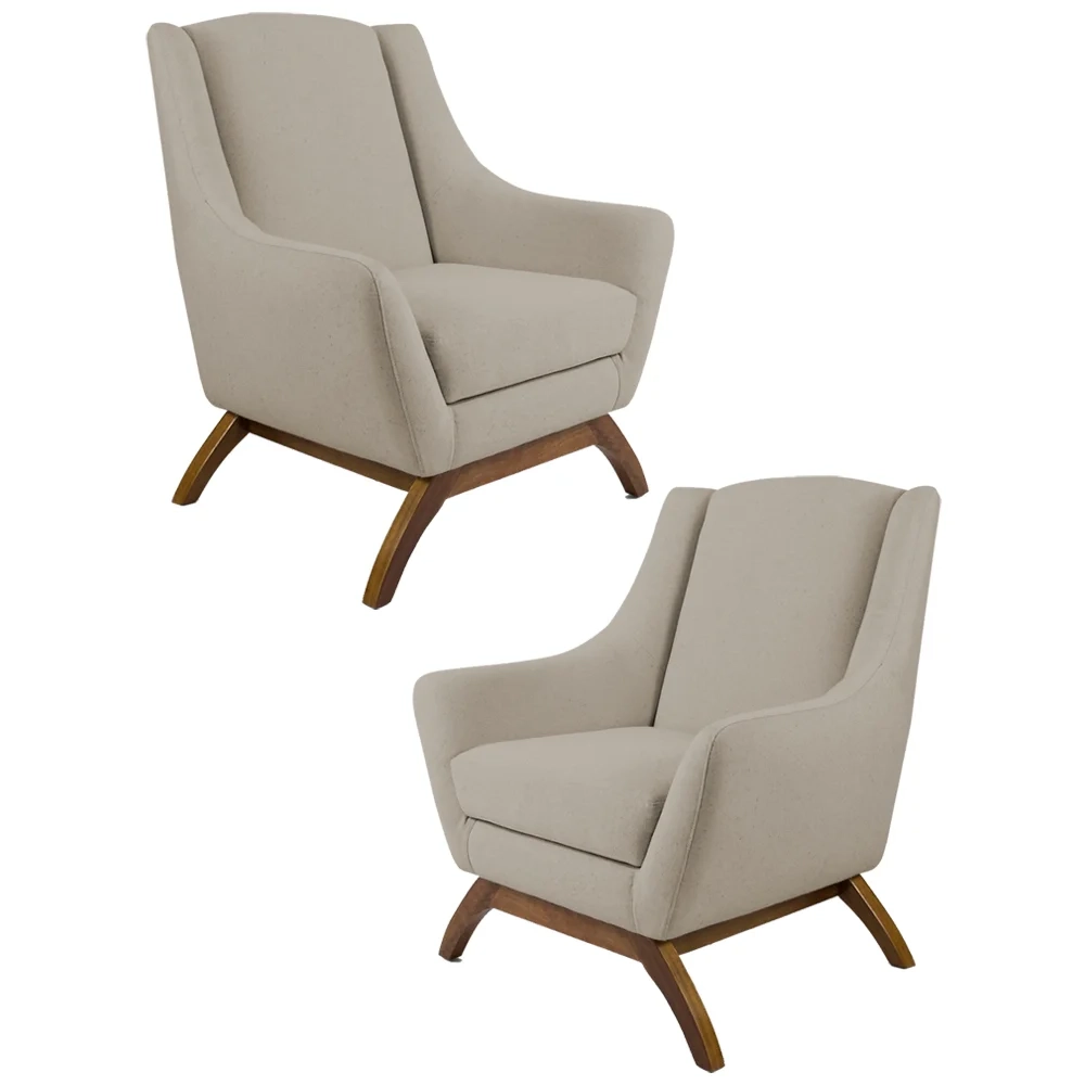 Kit 2 Poltronas Decorativas Base Manu Madeira Juliet C-129 Linho Bege - Domi