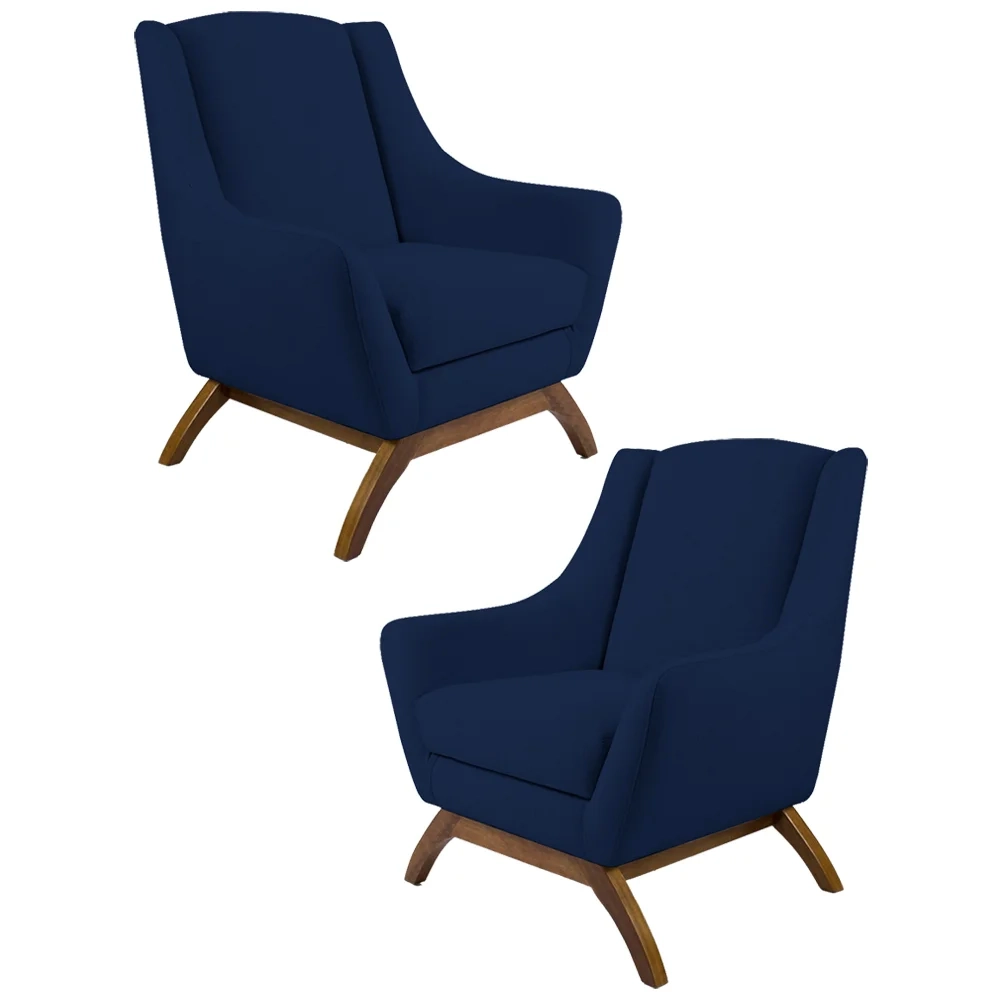 Kit 2 Poltronas Decorativas Base Manu Madeira Juliet Veludo C-304 Azul Marinho - Domi