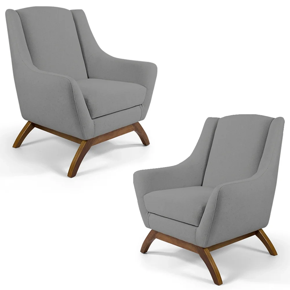 Kit 2 Poltronas Decorativas Base Manu Madeira Juliet C-416 Linho Cinza Escuro - Domi
