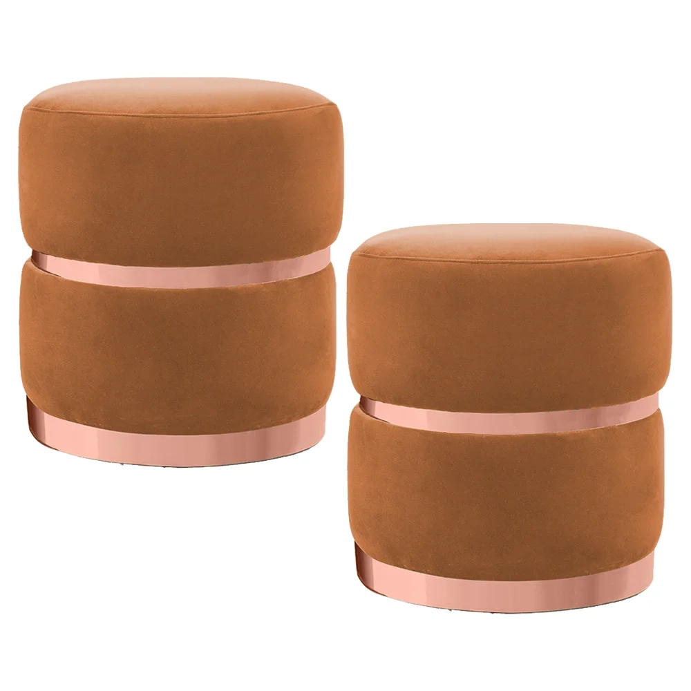 Kit 2 Puffs Decorativos com Cinto e Aro Rosê Round C-262 Veludo Laranja - Domi