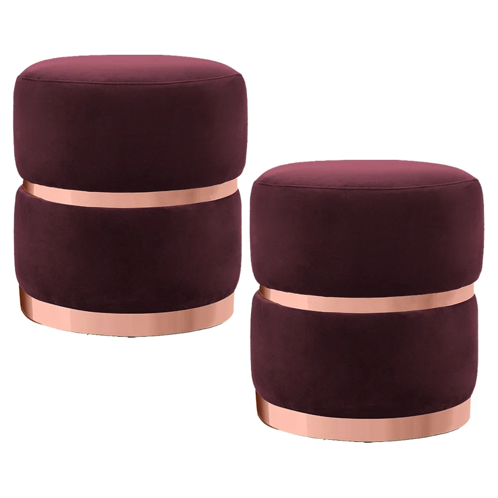Kit 2 Puffs Decorativos com Cinto e Aro Rosê Round C-278 Veludo Marsala - Domi