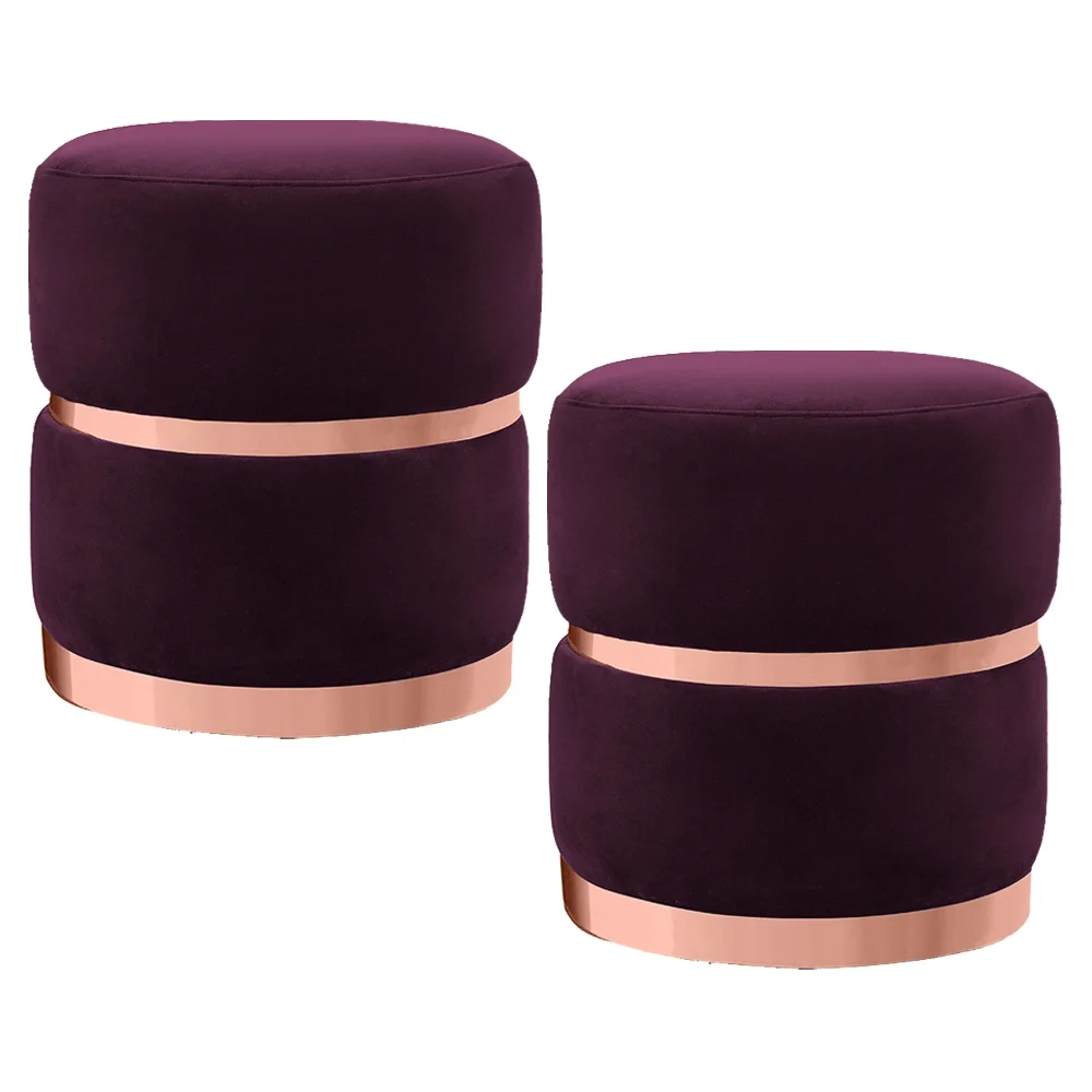 Kit 2 Puffs Decorativos com Cinto e Aro Rosê Round C-292 Veludo Uva - Domi