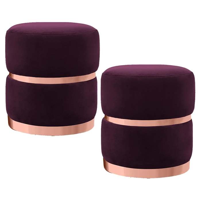 Kit 2 Puffs Decorativos com Cinto e Aro Rosê Round C-292 Veludo Uva - Domi