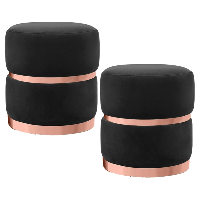 Kit 2 Puffs Decorativos com Cinto e Aro Rosê Round C-300 Veludo Preto - Domi