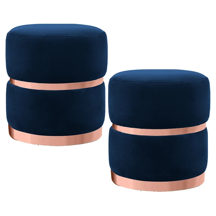 Kit 2 Puffs Decorativos com Cinto e Aro Rosê Round C-304 Veludo Azul Marinho - Domi