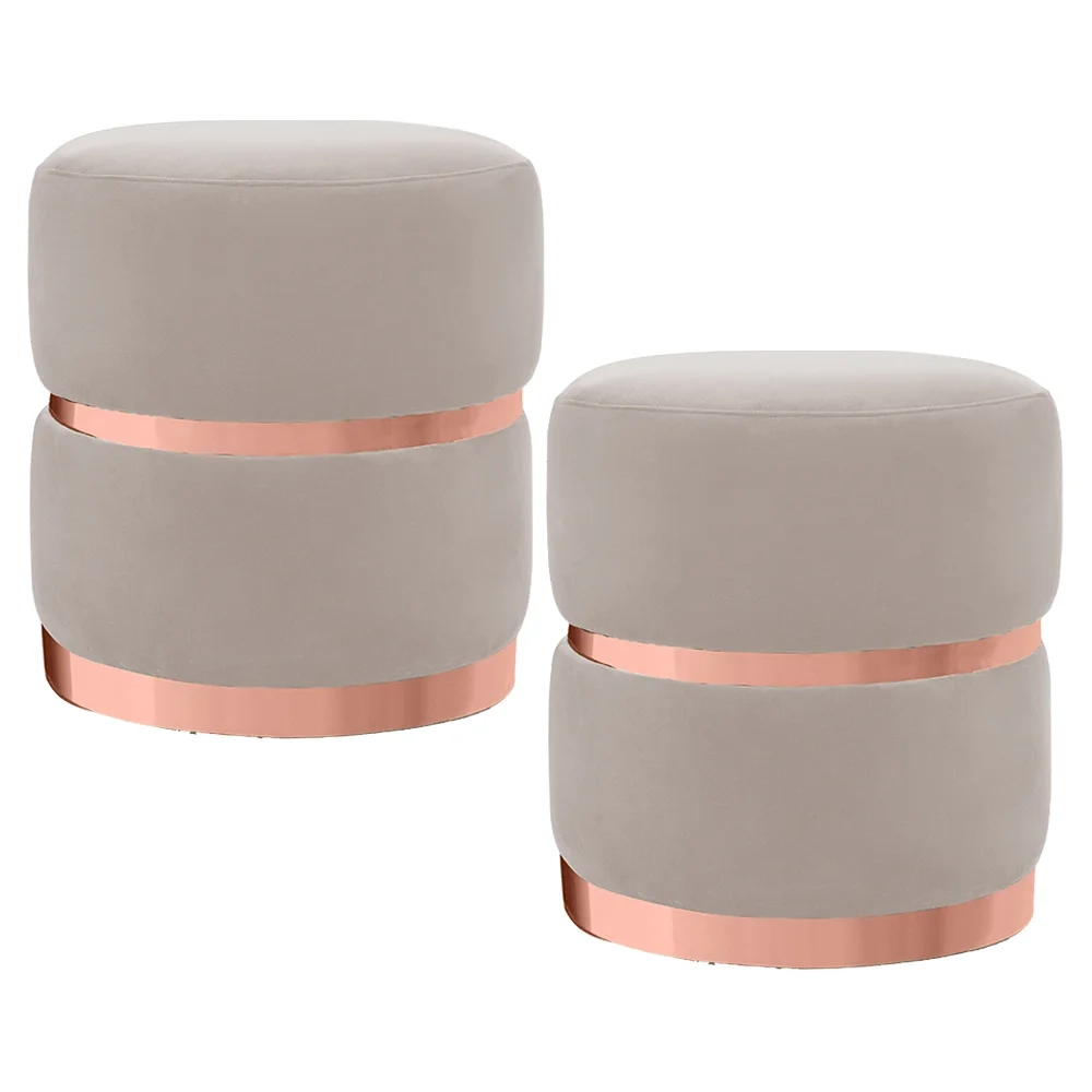 Kit 2 Puffs Decorativos com Cinto e Aro Rosê Round C-309 Veludo Bege Claro - Domi