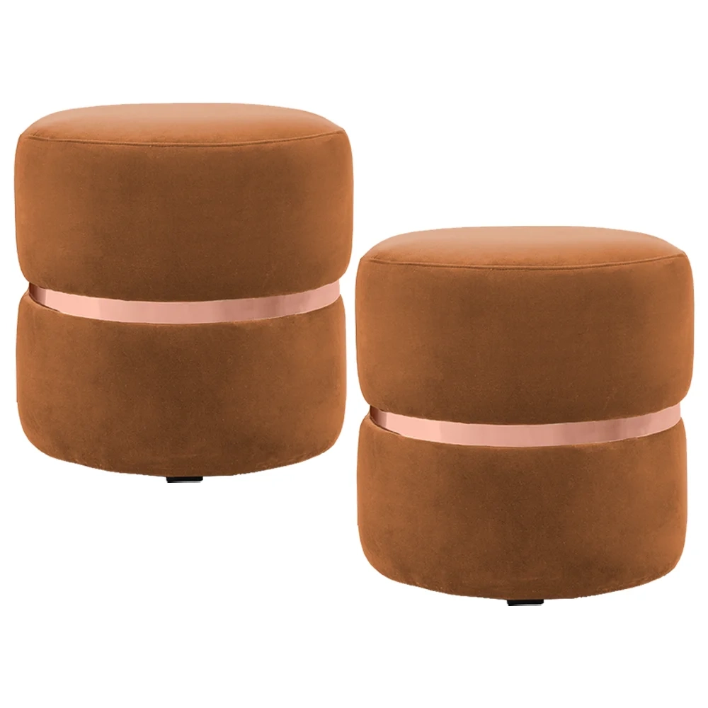 Kit 2 Puffs Decorativos Com Cinto Rosê Round C-262 Veludo Laranja - Domi