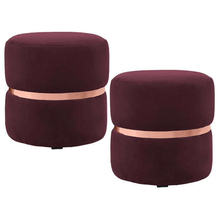 Kit 2 Puffs Decorativos Com Cinto Rosê Round C-278 Veludo Vermelho - Domi
