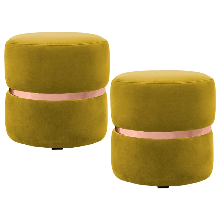 Kit 2 Puffs Decorativos Com Cinto Rosê Round C-279 Veludo Amarelo - Domi