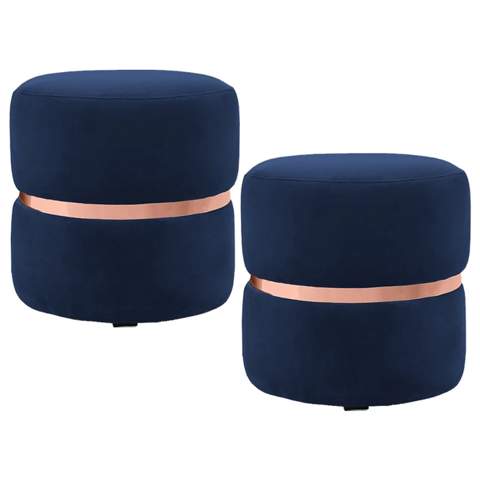 Kit 2 Puffs Decorativos Com Cinto Rosê Round C-287 Veludo Marinho - Domi