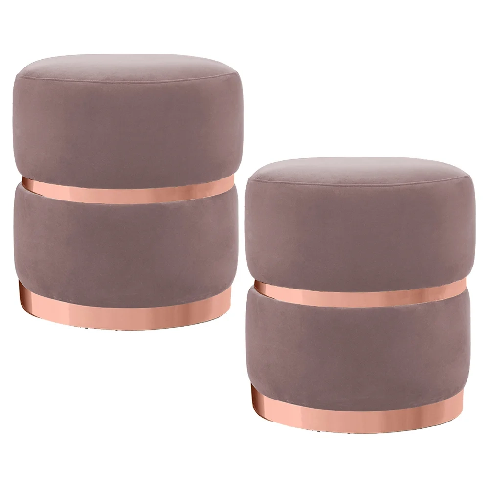 Kit 2 Puffs Decorativos com Cinto e Aro Rosê Round C-305 Veludo Rosê - Domi