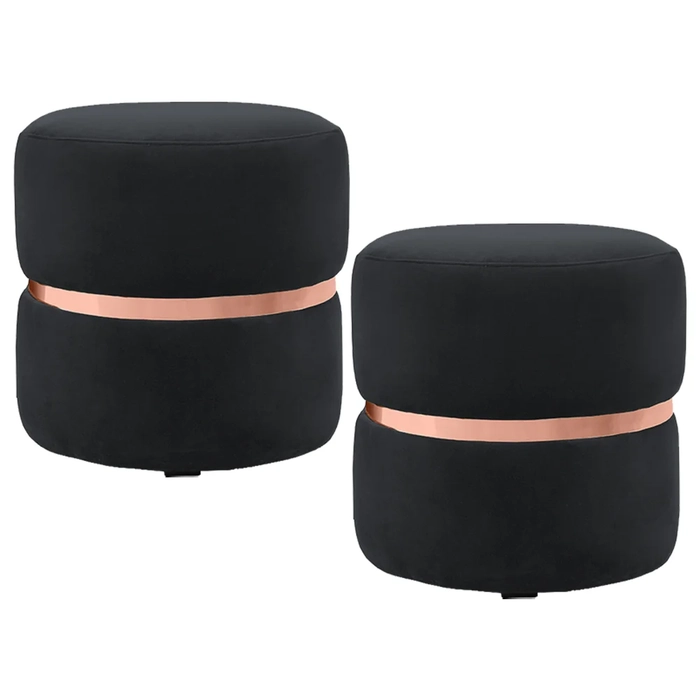 Kit 2 Puffs Decorativos Com Cinto Rosê Round C-300 Veludo Preto - Domi