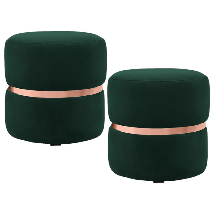 Kit 2 Puffs Decorativos Com Cinto Rosê Round C-303 Veludo Verde Musgo - Domi