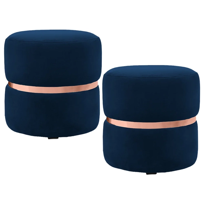 Kit 2 Puffs Decorativos Com Cinto Rosê Round C-304 Veludo Azul Marinho - Domi