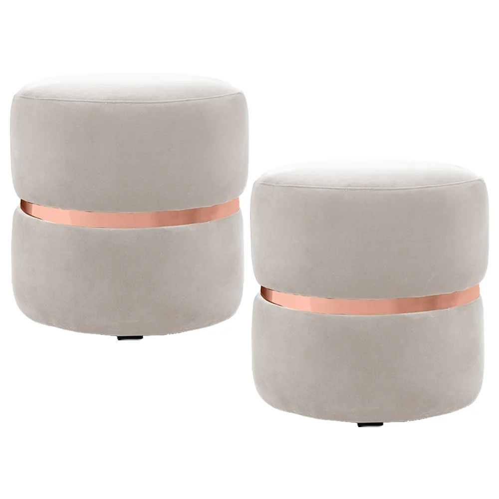 Kit 2 Puffs Decorativos Com Cinto Rosê Round C-309 Veludo Bege Claro - Domi