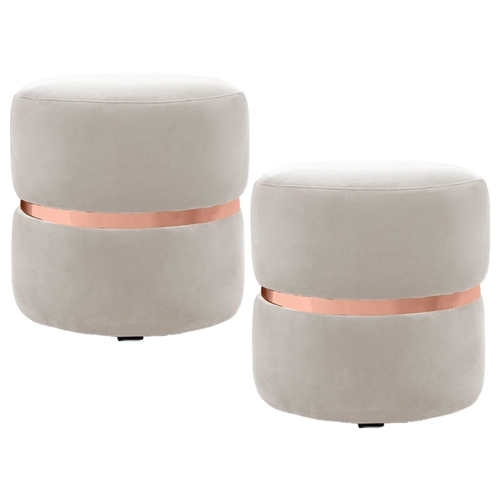 Kit 2 Puffs Decorativos Com Cinto Rosê Round C-309 Veludo Bege Claro - Domi