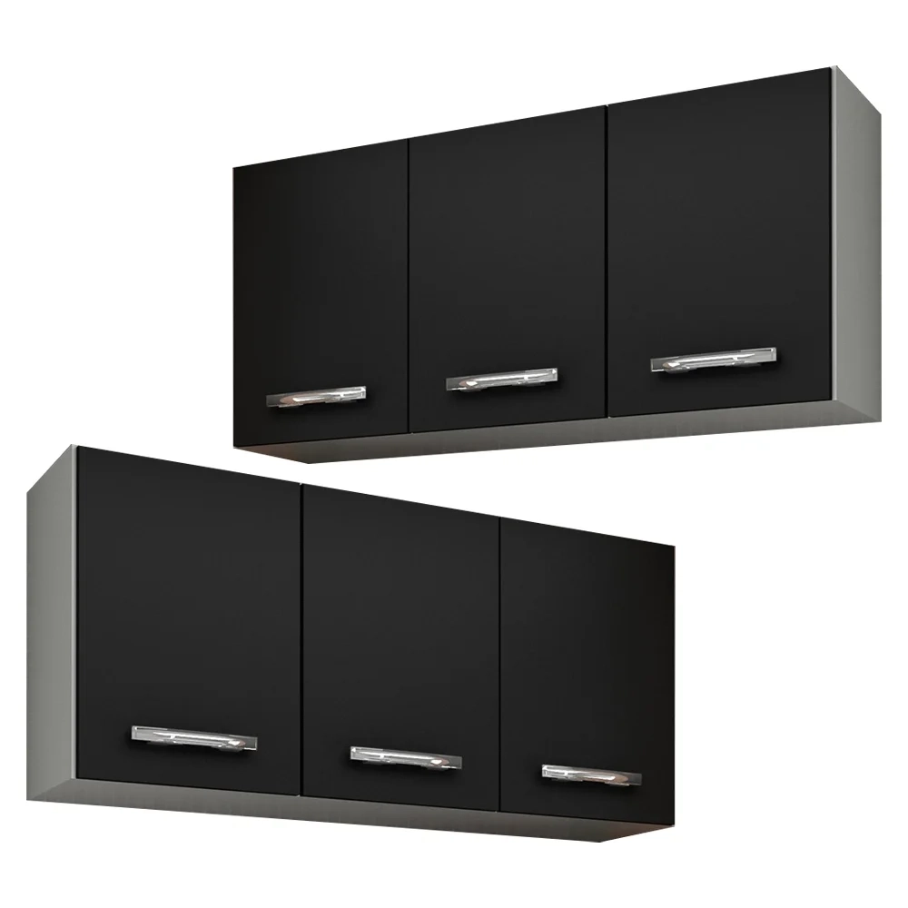 Armário Aéreo 120cm 3 Portas Kit 2 Honduras Branco/Preto - Lumil Móveis