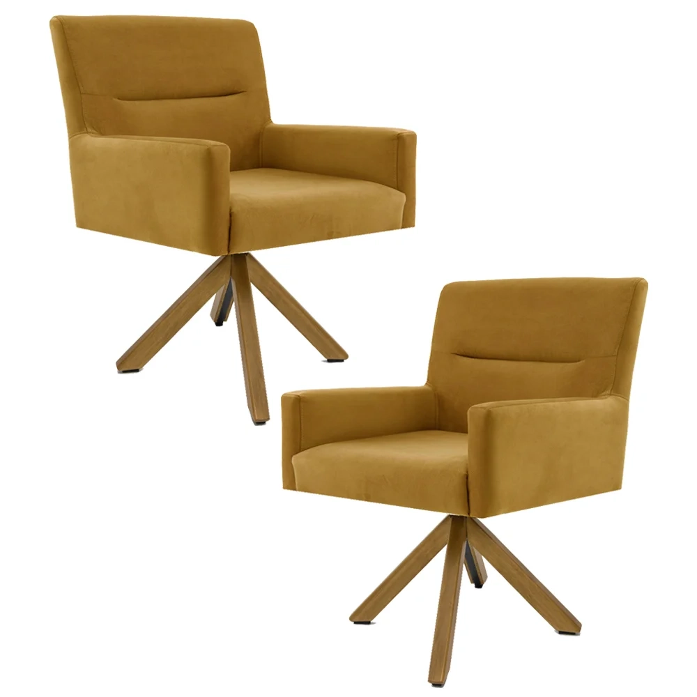 Kit 2 Poltronas Decorativas Giratórias Base Giromad Madeira Angel Veludo C-260 Mostarda - Domi