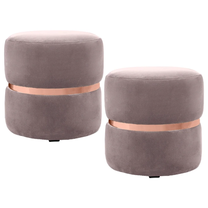 Kit 2 Puffs Decorativos Com Cinto Rosê Round C-305 Veludo Rosê - Domi