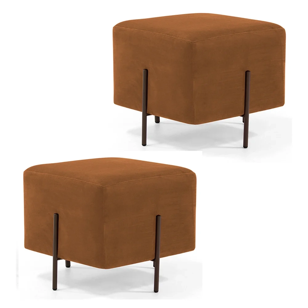 Kit 2 Puffs Decorativos 45cm Base Aço Status C-262 Veludo Telha - Domi