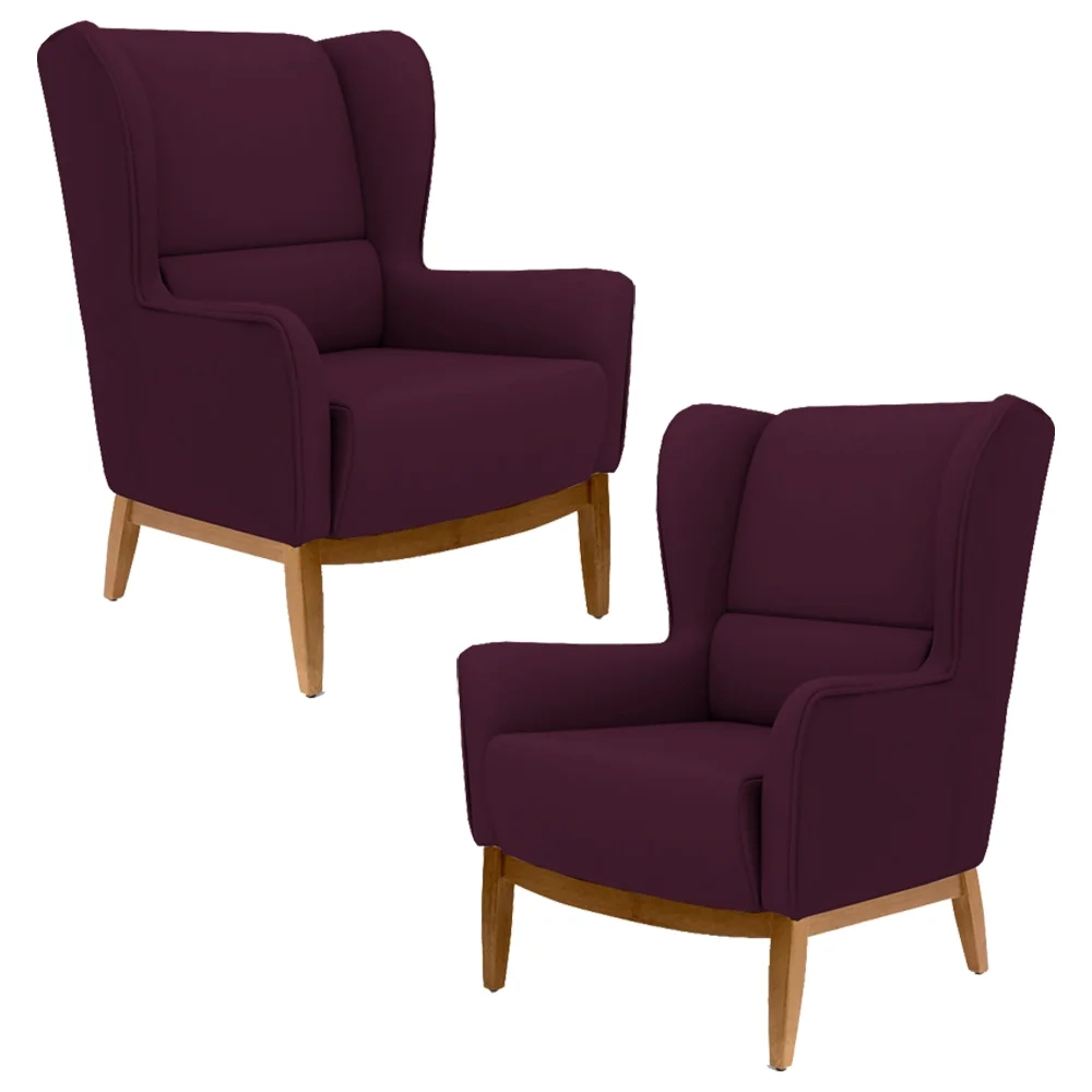 Kit 2 Poltronas Decorativas Base Manu Madeira Milena Veludo C-292 Uva - Domi