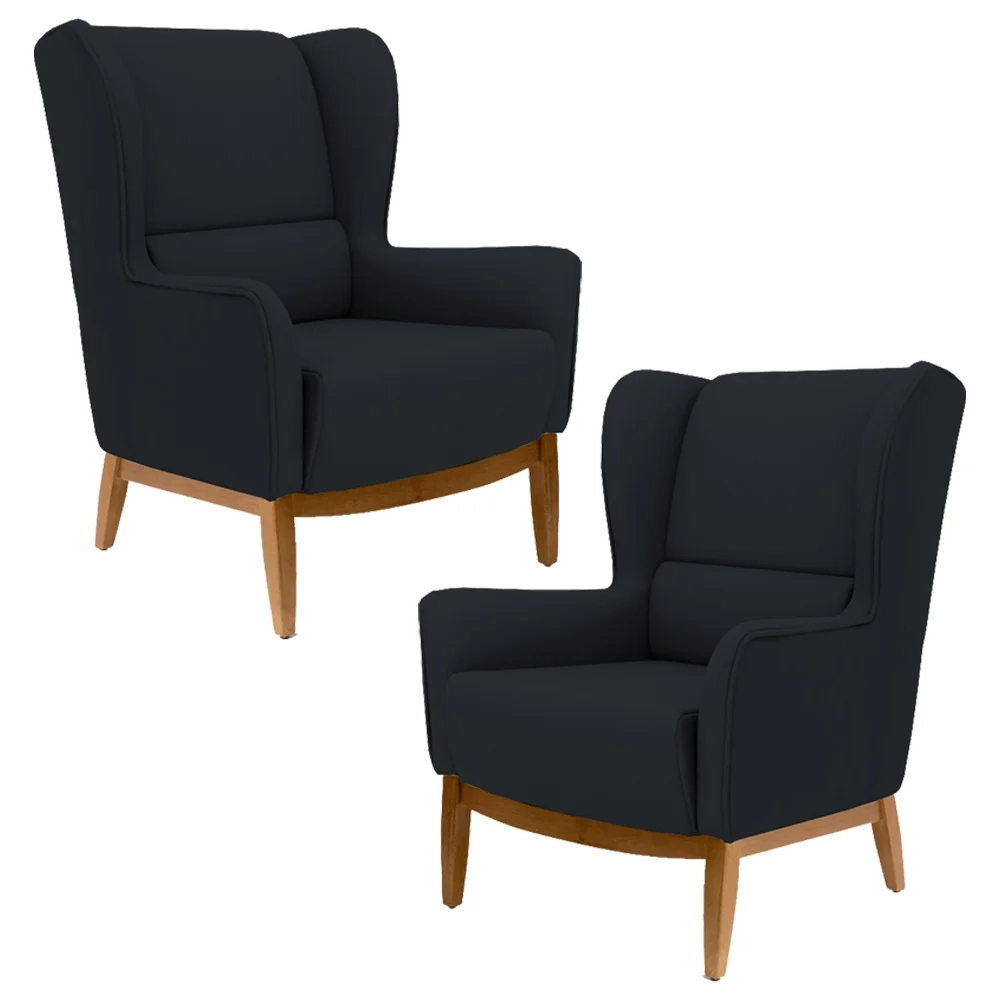 Kit 2 Poltronas Decorativas Base Manu Madeira Milena Veludo C-300 Preto - Domi