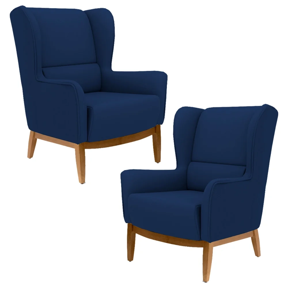 Kit 2 Poltronas Decorativas Base Manu Madeira Milena Veludo C-304 Azul Marinho - Domi