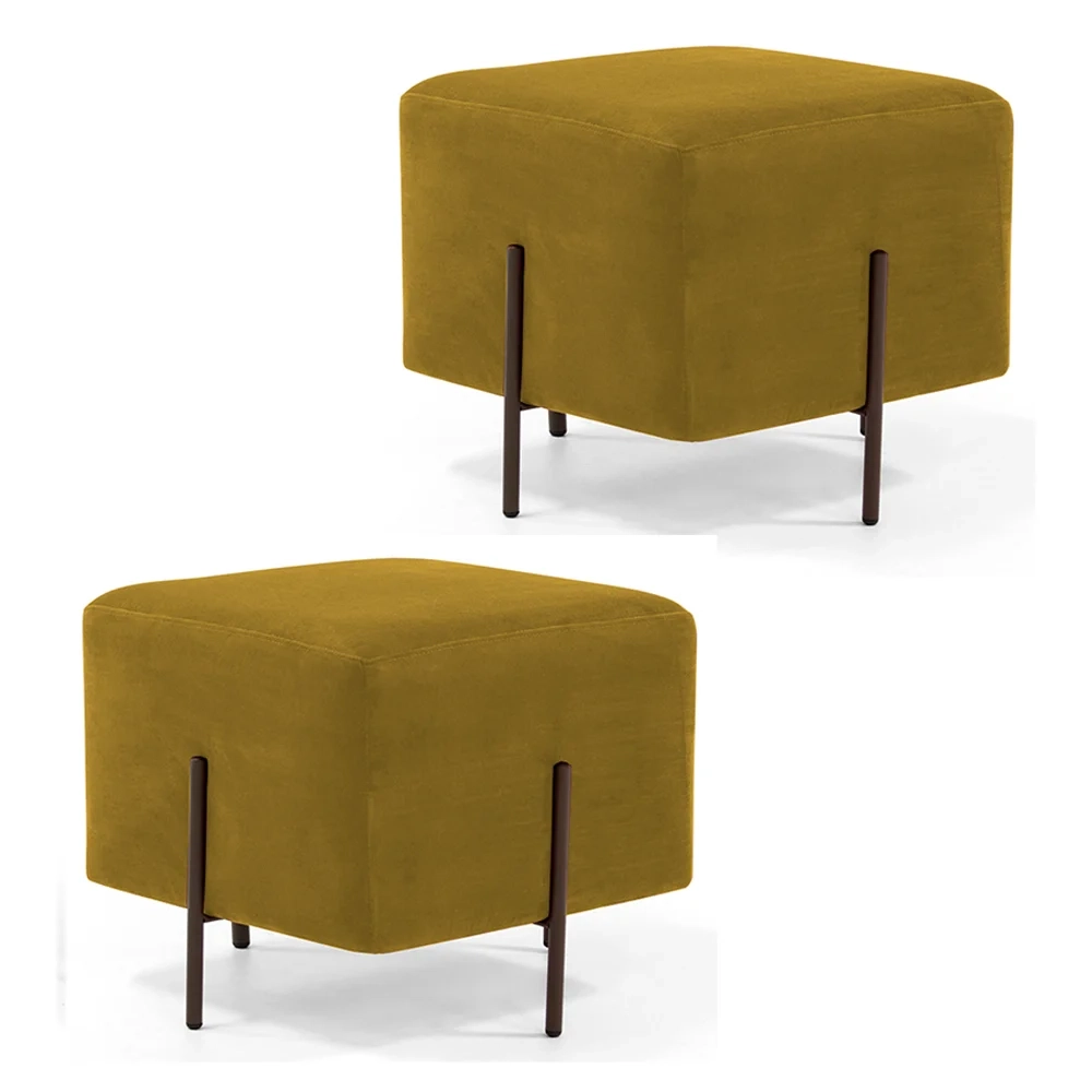 Kit 2 Puffs Decorativos 45cm Base Aço Status C-279 Veludo Mostarda - Domi