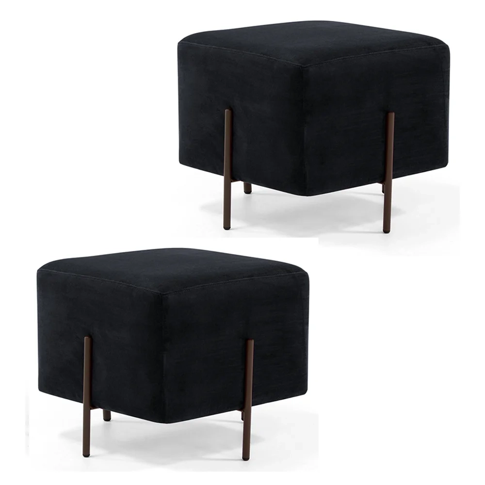 Kit 2 Puffs Decorativos 45cm Base Aço Status C-300 Veludo Preto - Domi