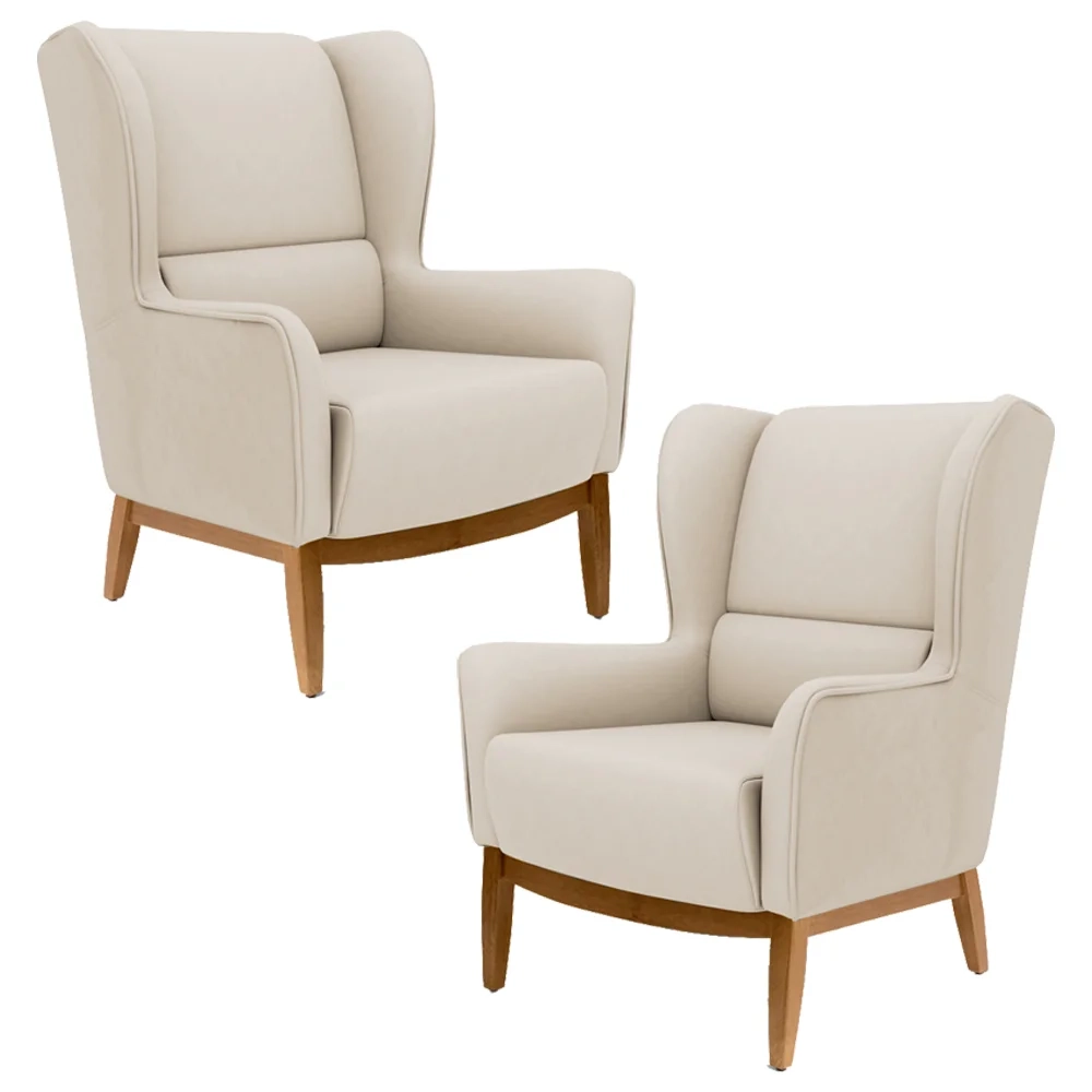 Kit 2 Poltronas Decorativas Base Manu Madeira Milena C-309 Veludo Bege - Domi