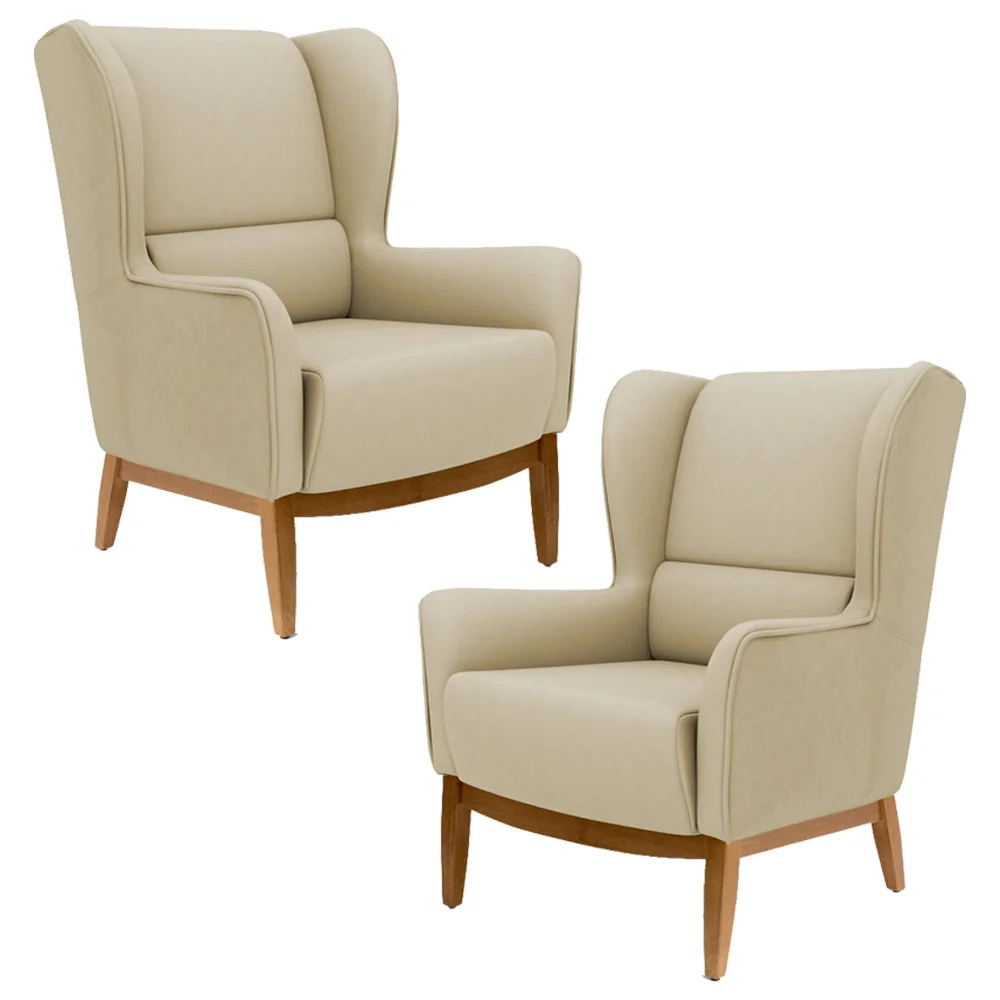 Kit 2 Poltronas Decorativas Base Manu Madeira Milena C-129 Linho Bege Escuro - Domi